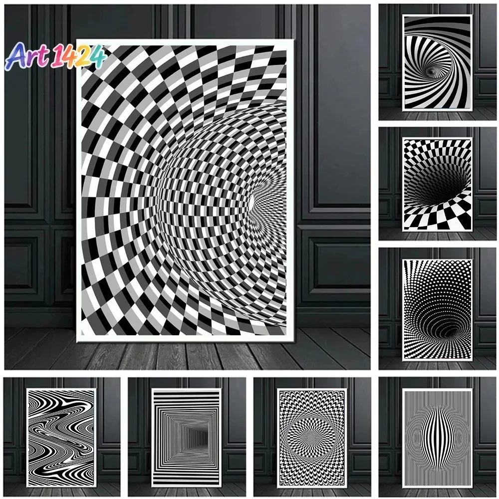 1pc frameless canvas painting Abstract Optical Illusion Poster Prints For Living Room Home Decor Black And White Trippy Psych