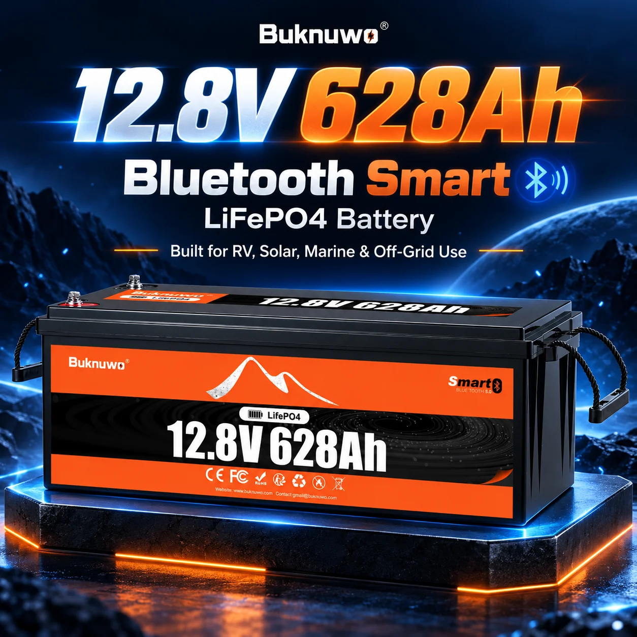BUKNUWO 12.8V 628Ah Bluetooth LiFePO4 Battery 8038Wh 200A Smart BMS Low Temp Protection for RV Solar Off Grid