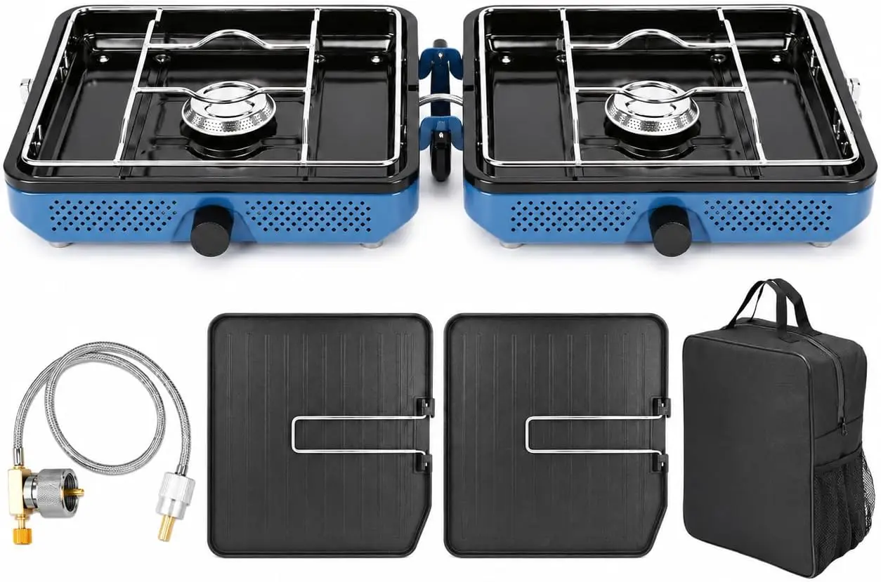 Portable 2-Burner Propane Camping Stove Kit, 20,000 BTU Outdoor Gas Cooker with 2 Griddles, Camping Cookware Set, Carry Bag Included, Blue