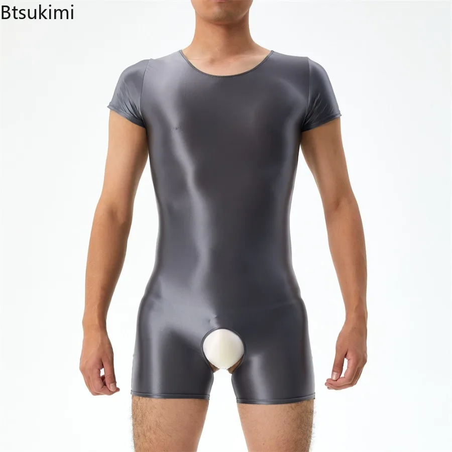 

New 2025 Men's Romper Smooth Highly Elastic Skinny Short Sleeves Playsuit Sexy Tight-fit Onesies Home Fitness Nightclub Bodysuit