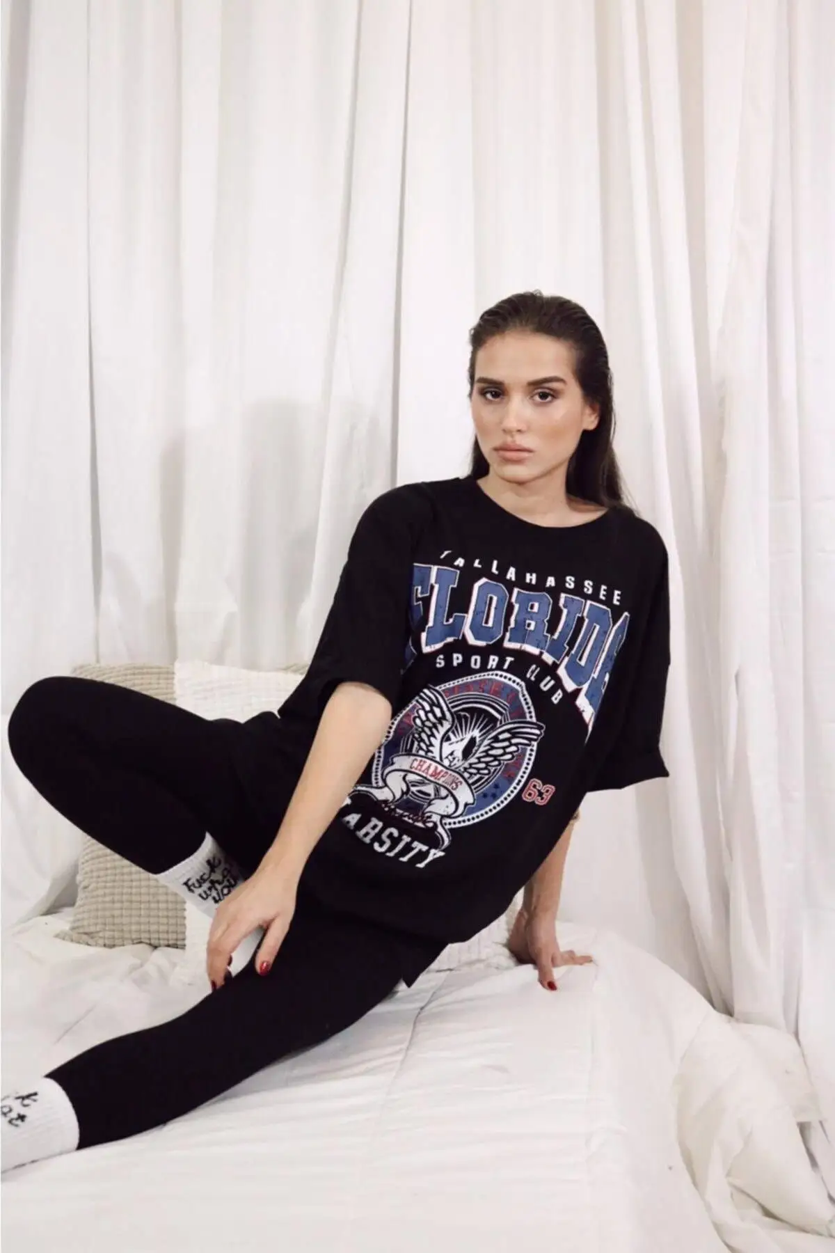 Women's Black Florida Printed Oversize Tshirt Casual Wear Summer Fashion Casual Sports Style Teenage Wear New Year Fashion