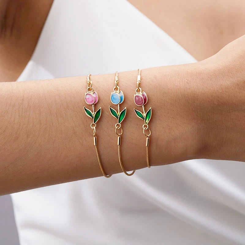 Korean Tulip Flower Bracelet For Women Light Luxury Enamel Copper Lobster Clasp Chain Adjustable Charm Bracelet Trendy Jewelry