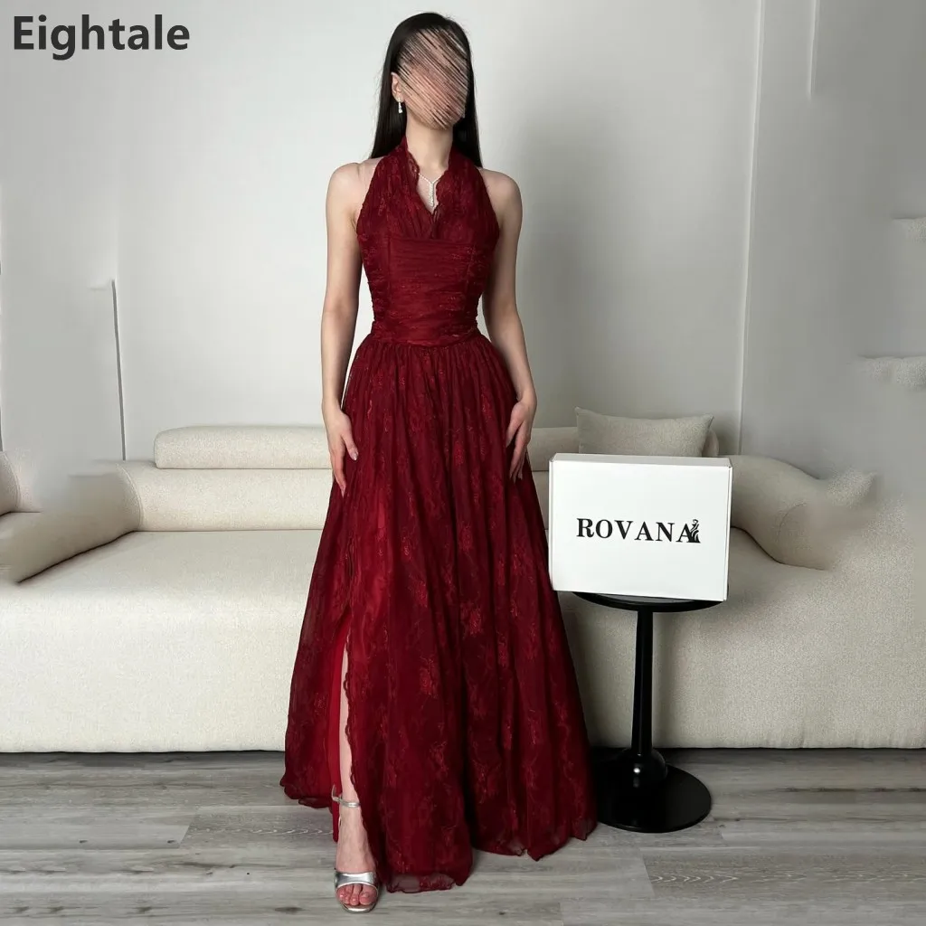 

Eightale 2025 Burgundy Lace A LIne Halter Neck Maxi Evening Dress for Wedding Party Formal Prom Dubai Party Gown Customized