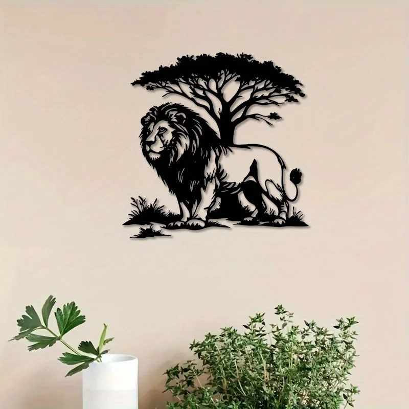 Brand 2D Flat Black And White Lion With Tree Metal Wall Art,Laser‑Cut African Savanna Wildlife Silhouette Decor for Living Room