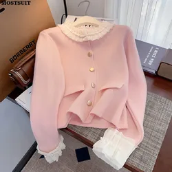 Korean Stylish Knit Cardigan Sweater Women Lace Patchwork Long Sleeve O-neck Tops Coats 2024 Spring Elegant Fashion Chic Jumpers