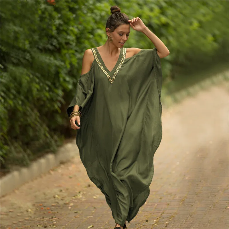 Sexy Off Shoulder Beach Cover Up Bikini Swimsuit Wrap for Women Loose Bohemian Sunscreen Thin Cardigan Summer Vacation Beachwear