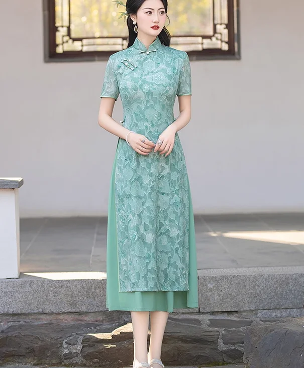 

Ao Dai Cheongsam Vietnam Lace Women Dress Spring Chipao Vintage Chinese