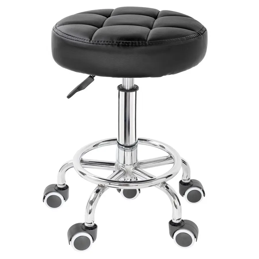 Leather Rolling Stool Height Adjustable Round Swivel Stools for Spa Salon Massage Work Chair with Foot Rest Black