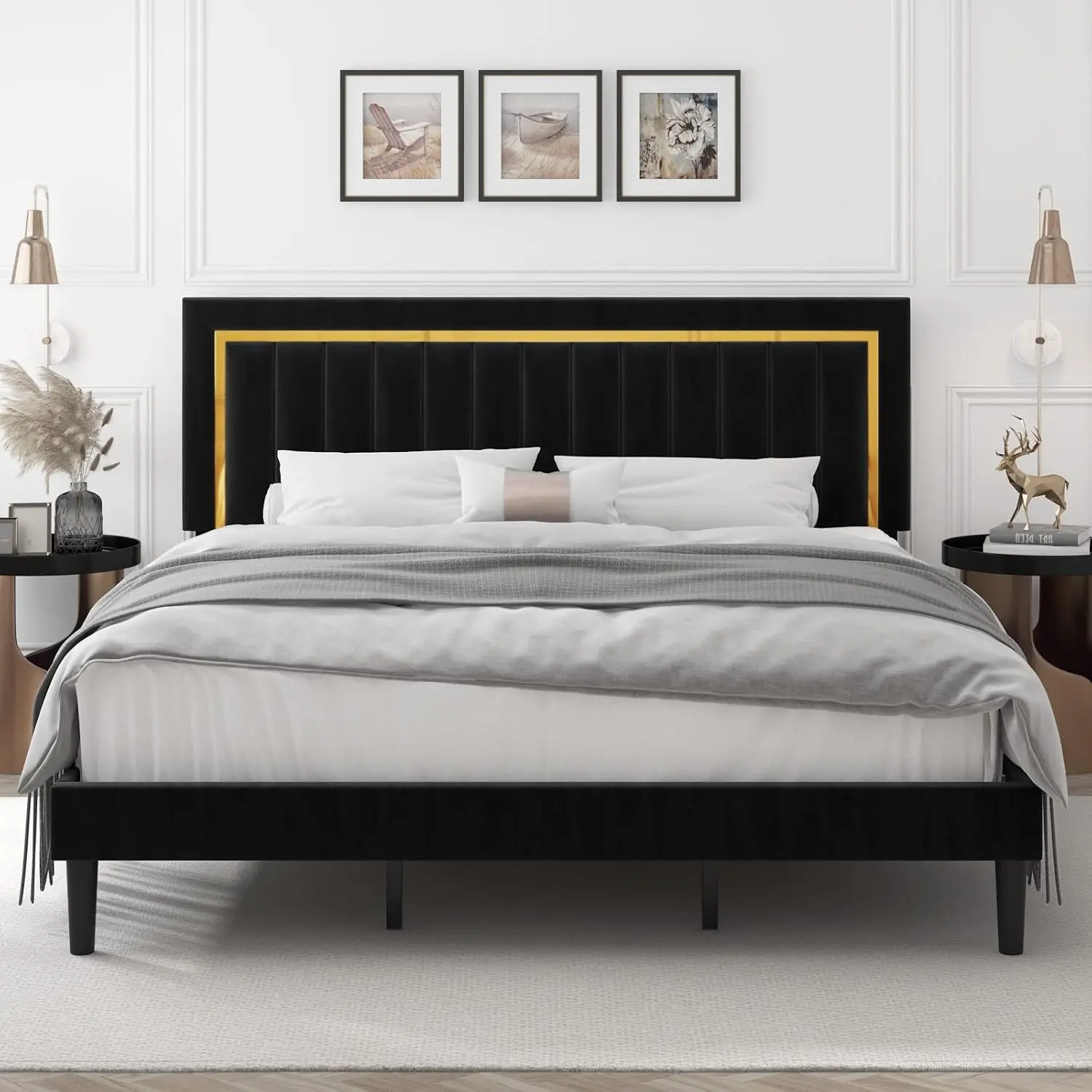 

King Size Bed Frame with Adjustable Tufted Headboard, Velvet Upholstered Platform Bed Frame with Gold Trim