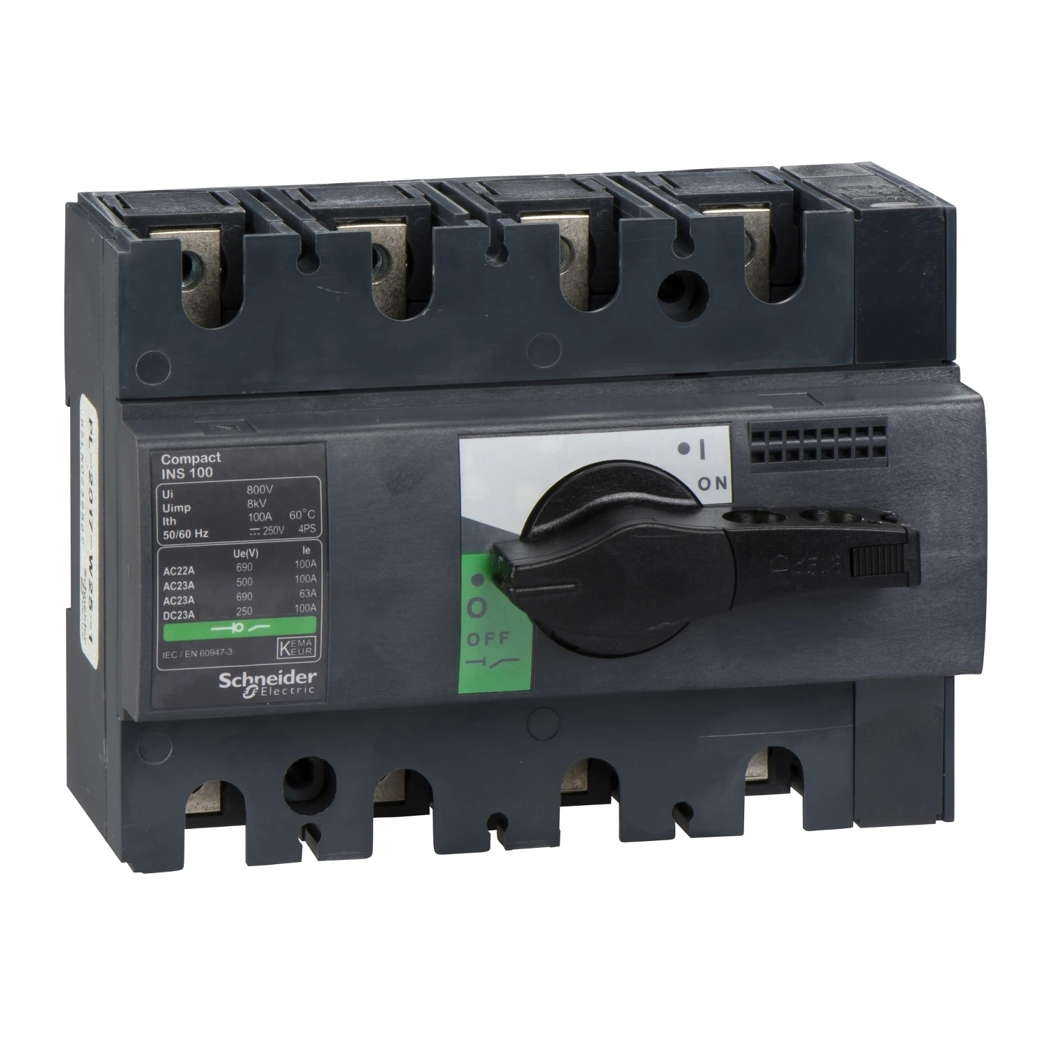 

28909 INS100 4P switch disconnector, Compact INS100, 100A, standard version with black rotary handle, 4 poles