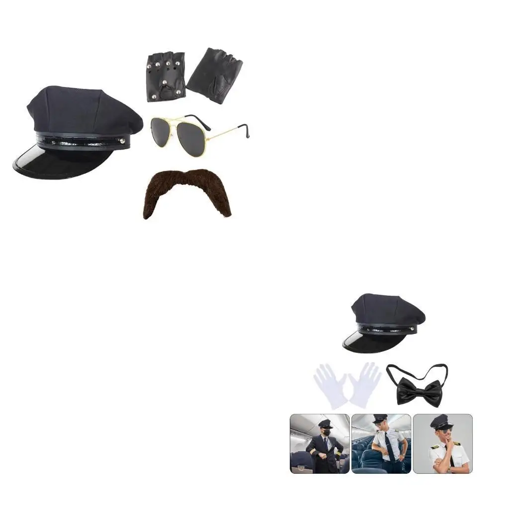 652F Chauffeur Costume Accessories Black Hat False Beard Sunglasses Gloves Tie for Limo Driver Costumes Party