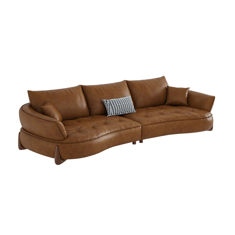 Curved Retro Leather Sofa First Layer Cowhide Small Apartment Modern Simple Living Room Sofa