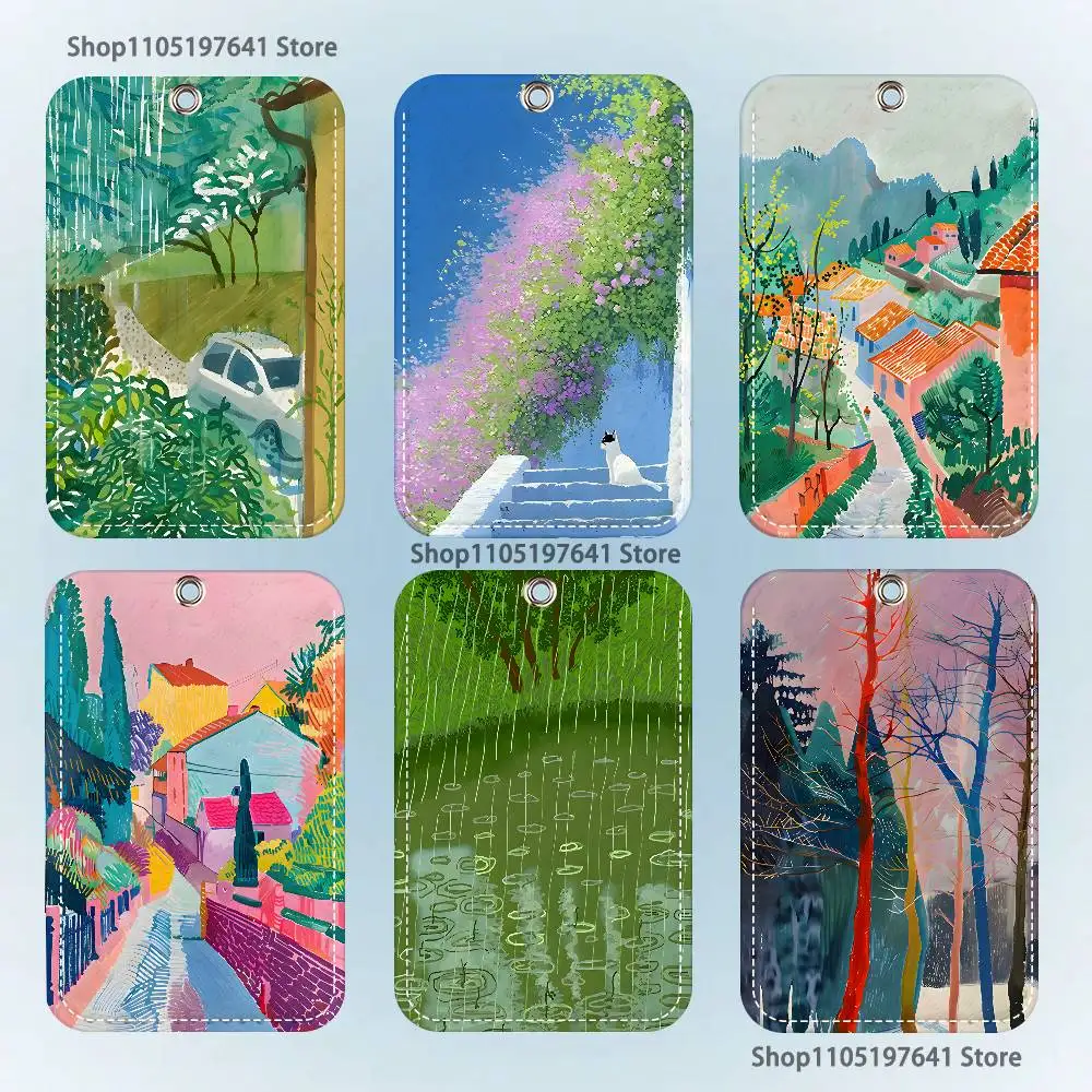 

Art Paintings Of D-David H-Hockney Pattern Leather Card Holder Keychain Key Ring Door Lock Access Tag ID Card Case Keychain Card