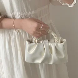 Pearl Beaded Handle Handbags 2024 New Fashion White Folded Cloud Small Tote Handbag Clutches For Women Temperament Shoulder Bag