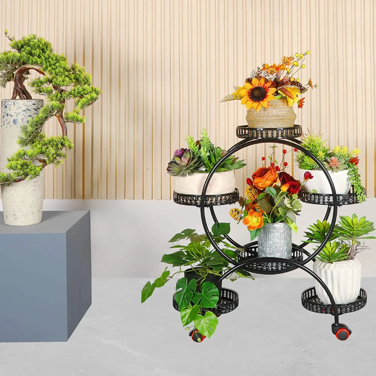 Portable plant stand pots flower rack with 4 tiers and 6 movable potted holders,with wheels for Indoor or outdoor