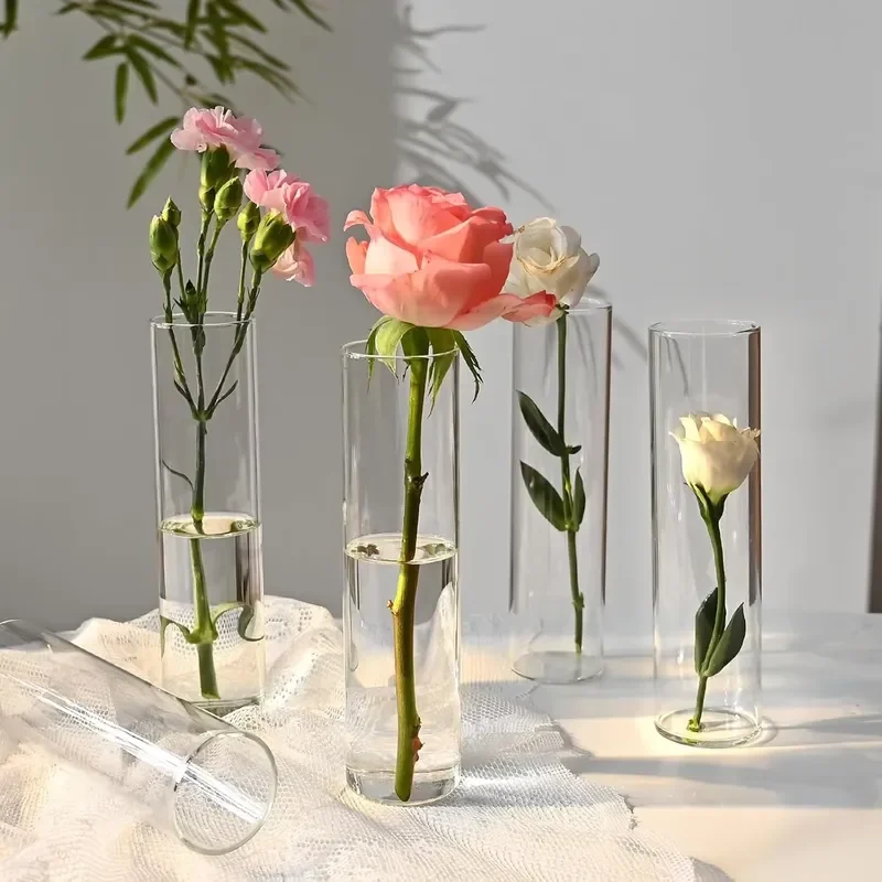Straight High Borosilicate Glass Vase Clear Water Culture Flower Arrangement for Rose Lily Dining Table Home Decoration