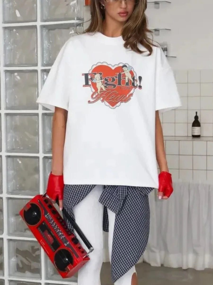 Women's 100% Cotton Short Sleeve T-Shirt  American Lazy Style Love Printed Extra Large Unique Anti-Aging Top 2026 Summer New