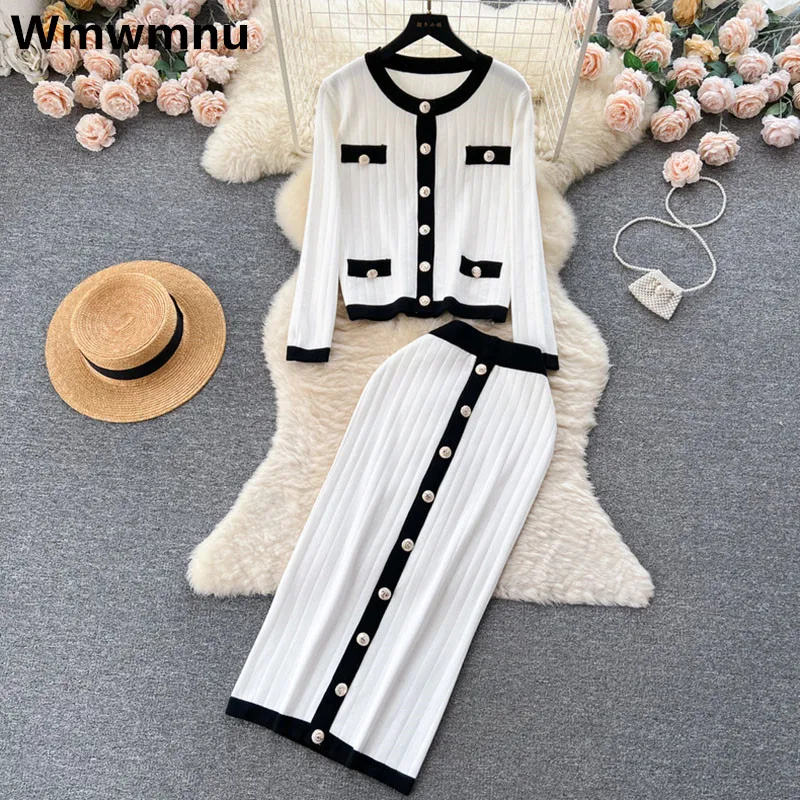 

Vintage Knitwears Skirts 2 Piece Sets Womens O-neck Short Sweaters Cardigan Conjuntos Knit Malhas Straight Faldas Outfits Korean