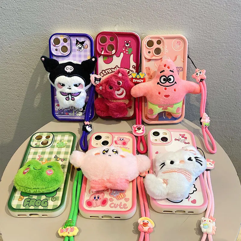 3D Plush Doll Hello Kitty Fur Phone Case for Samsung Galaxy A22 A22S A23 A24 A25 A32 A34 A35 5G Cartoon With Toy Strap Cover