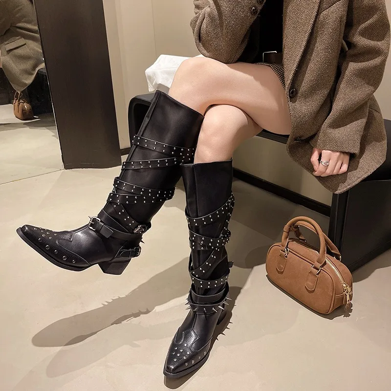 Women's Knee-high Boots Punk Style Long Boots Fashion Pointed Toe Leather Boots for Women Western Cowboy Boot Rivet Knight Botas