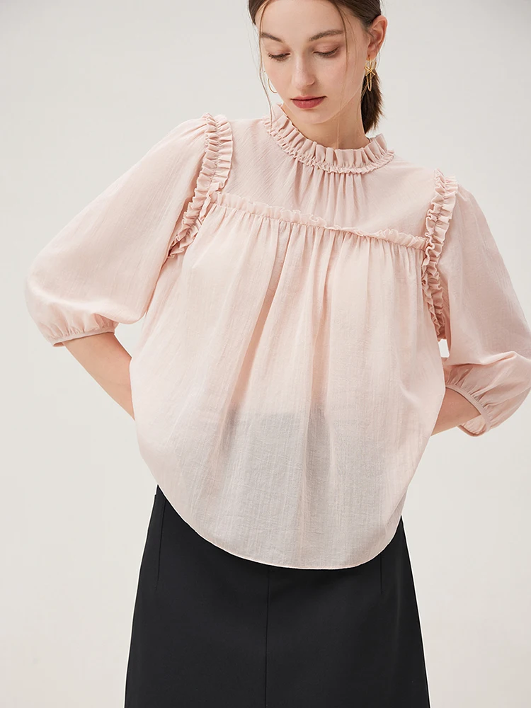 FSLE 100% Cotton Women Pink Three-quarter Sleeves Blouse Peter Pan Collar Short Shirts Summer Solid Tops 24FS12941