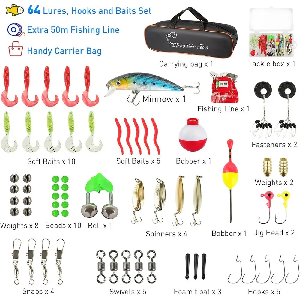 Kit de pesca telescópica para iniciantes, combinação de 59 hastes e carretilhas Spincast com caixa de equipamento, bolsa para crianças e bebês