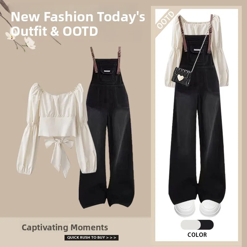 

Комплект из двух предметов: джинсовые брюки с широкими штанинами и свободный топ в корейском стиле для женщин больших размеров. Модный повседневный образ для весны и осени.