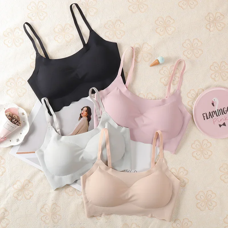Lingerie Sutra Es Tanpa Jahitan Laris untuk Wanita, Camisole Seksi dengan Desain Cantik di Bagian Belakang dan Pembungkus Dada, Bra Olahraga Tidur Wanita