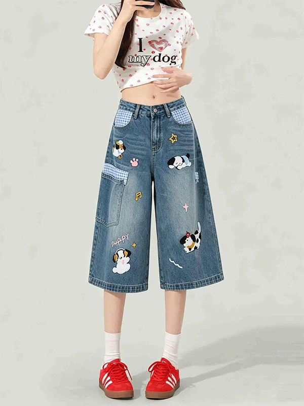 American Style Cartoon Dog Embroidery Loose Jeans Women's Summer New Design High Waist Wide Leg Pants Casual Cotton Blend