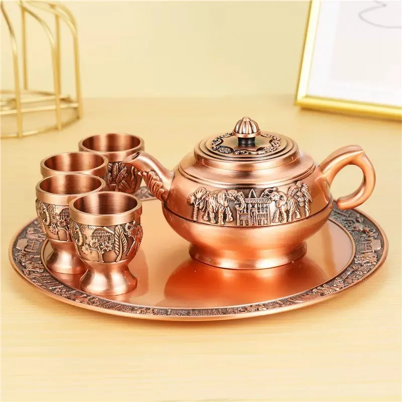 

6 Pieces Retro Zinc Alloy Tea Set Creative Antique Copper Color Kung Fu Tea Set Brewing Teapot Teacups Decorative Ornaments