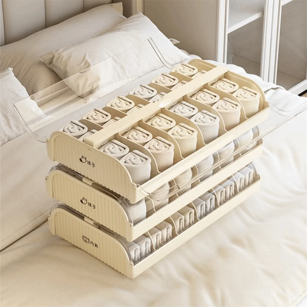

12 Grids Underwear Storage Box Stackable Clear Cover Closet Underwear Bin Partition Design Convenient Wardrobe Socks Organizer