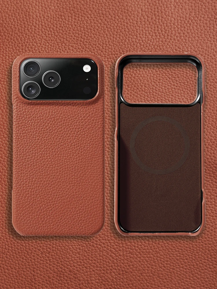 Etui z naturalnej skóry bydlęcej Lychee do iPhone'a 17 18 15 16 Pro Max z funkcją Magsafe, magnetyczny ochraniacz, luksusowa tylna obudowa telefonu. — zdjęcie produktu 3