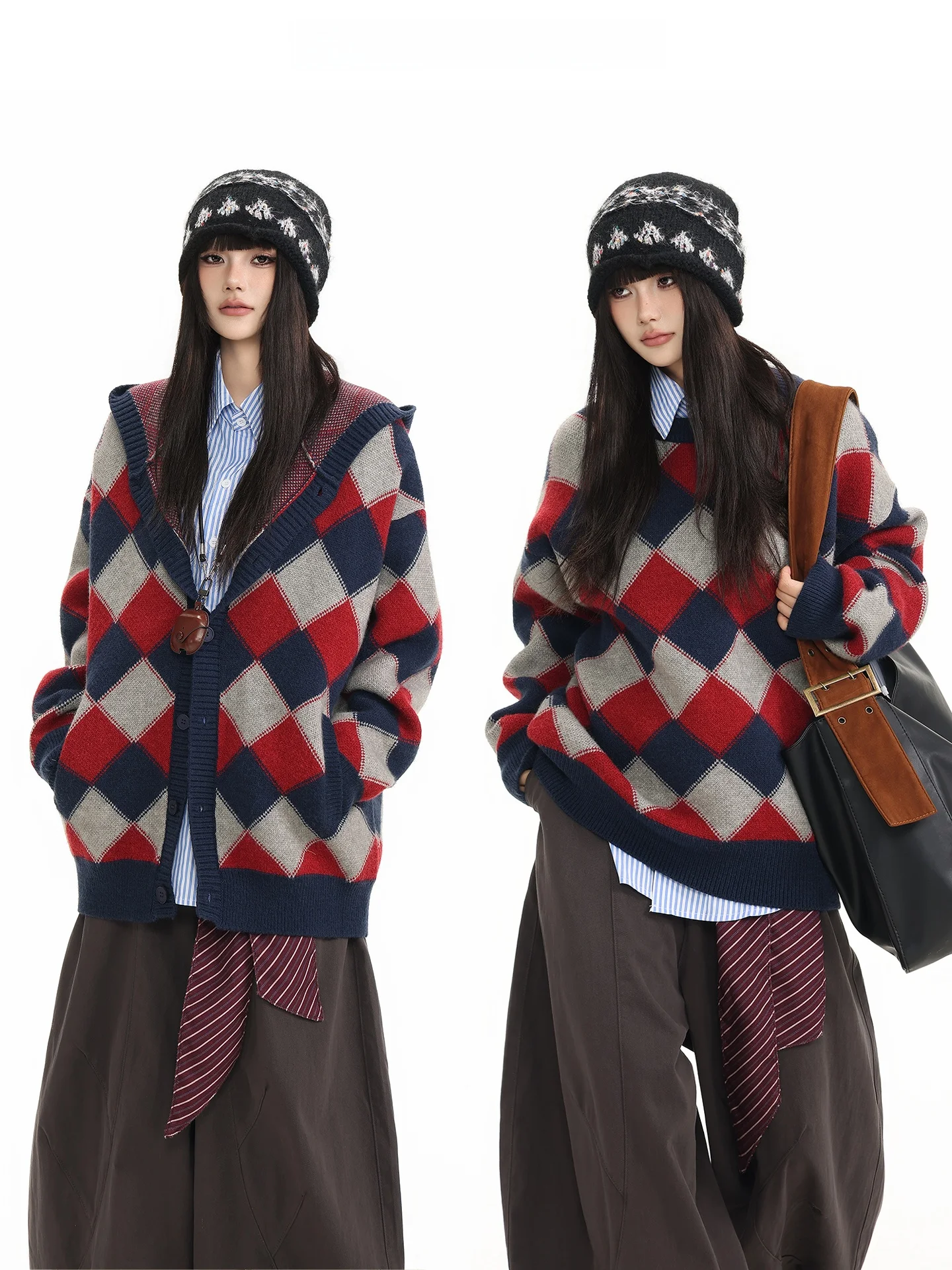 

Freecenter Heavyweight Diamond Plaid Knitwear Jaet Loose Men's Autumn Winter Vintage Casual Long Sve Hooded Coat