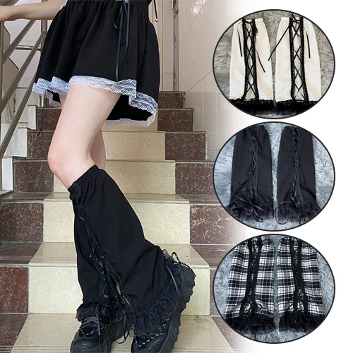 Women Leg Warmers Japanese Harajuku Style Girls Sweet Ruffles Leg Socks Gothic Lolita Lace Ruffled Hem Foot Cover Lace-up Socks
