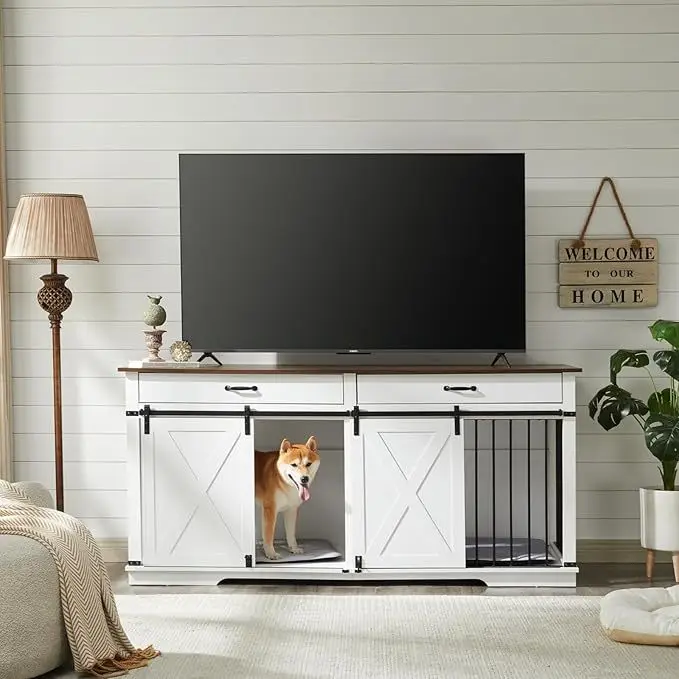 Large Dog Cage Furniture with Sliding Barn Door Wooden Kennel Storage Storage Table Furniture Wind