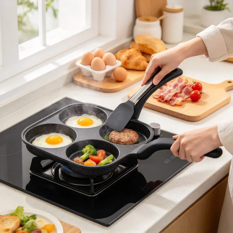 Nonstick Divided 4-Cup Egg Pan, Omelet Maker Skillet, Gas & Induction Compatible for Quick Morning Breakfast