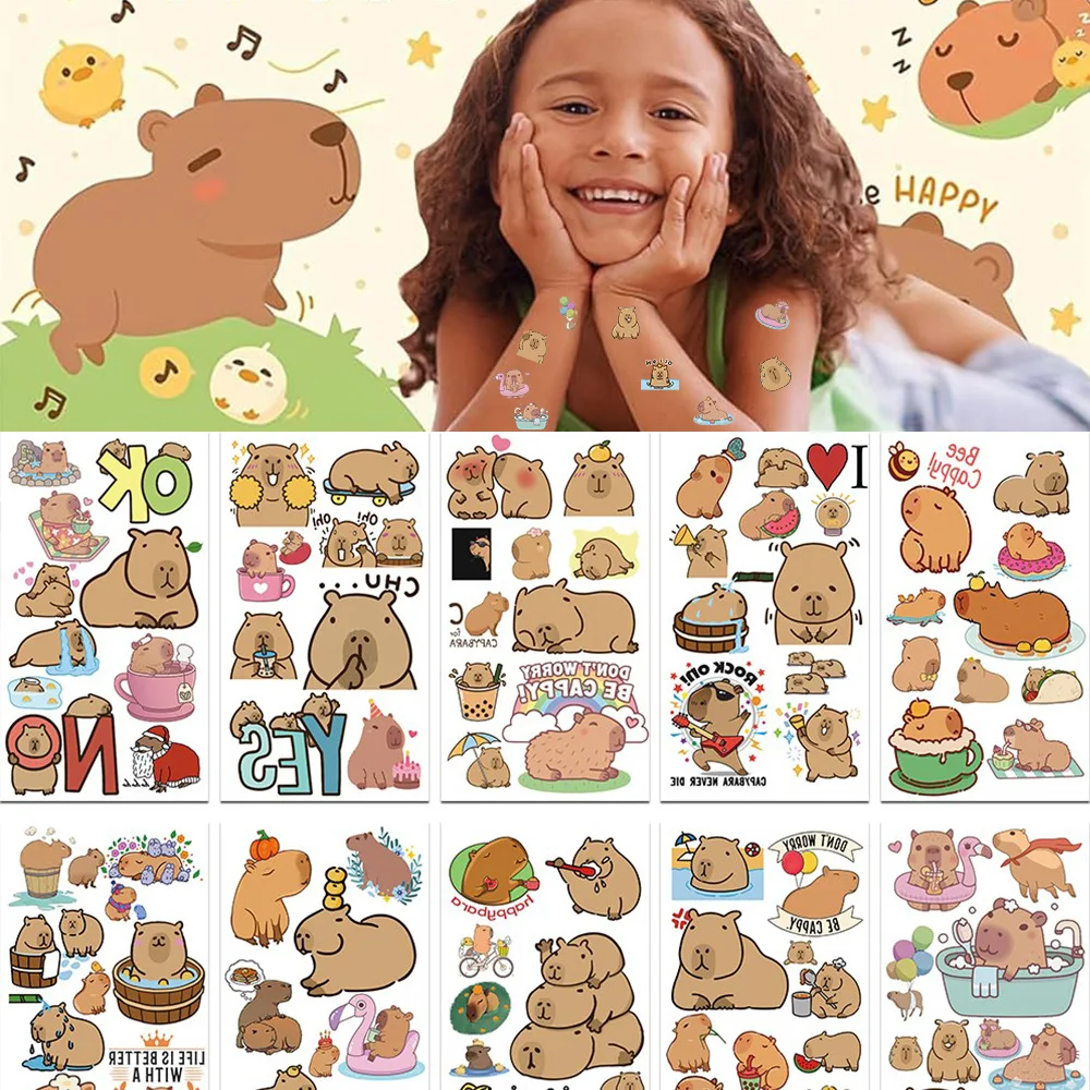 10 Uds. De pegatinas de tatuaje de capibara bonitas, tatuajes temporales de animales de dibujos animados para niños, pegatina kawaii para niños, juguete de regalo de cumpleaños y Navidad