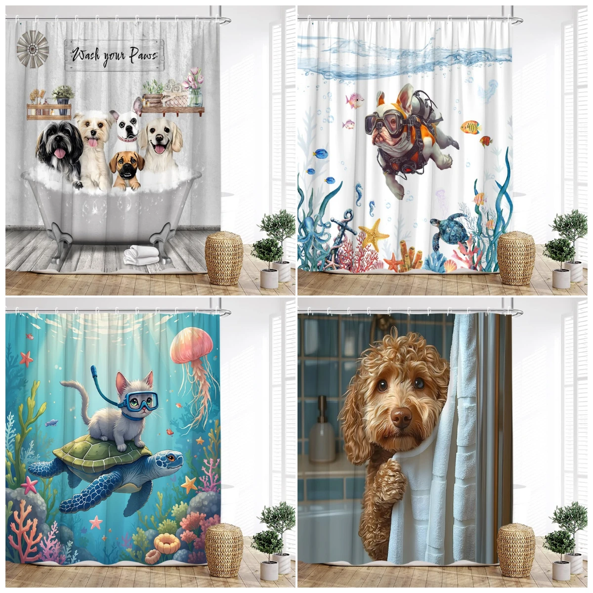 Lustige Tauchen Katze Hund Dusche Vorhang Niedlichen Cartoon Bade Tiere Meeresschildkröte Unterwasser Landschaft Kinder Badezimmer Vorhänge Dekor Se