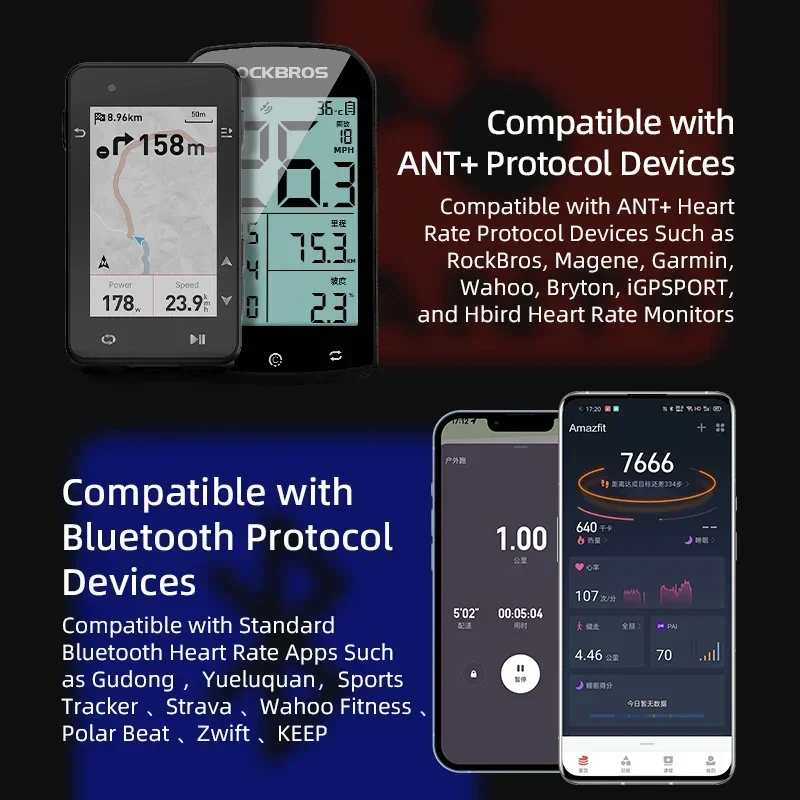 ROCKBROS アップグレードされた心拍数モニター Bluetooth 4.0 & ANT+ 50H バッテリー防水チェストストラップ Garmin Wahoo バイクコンピューター用