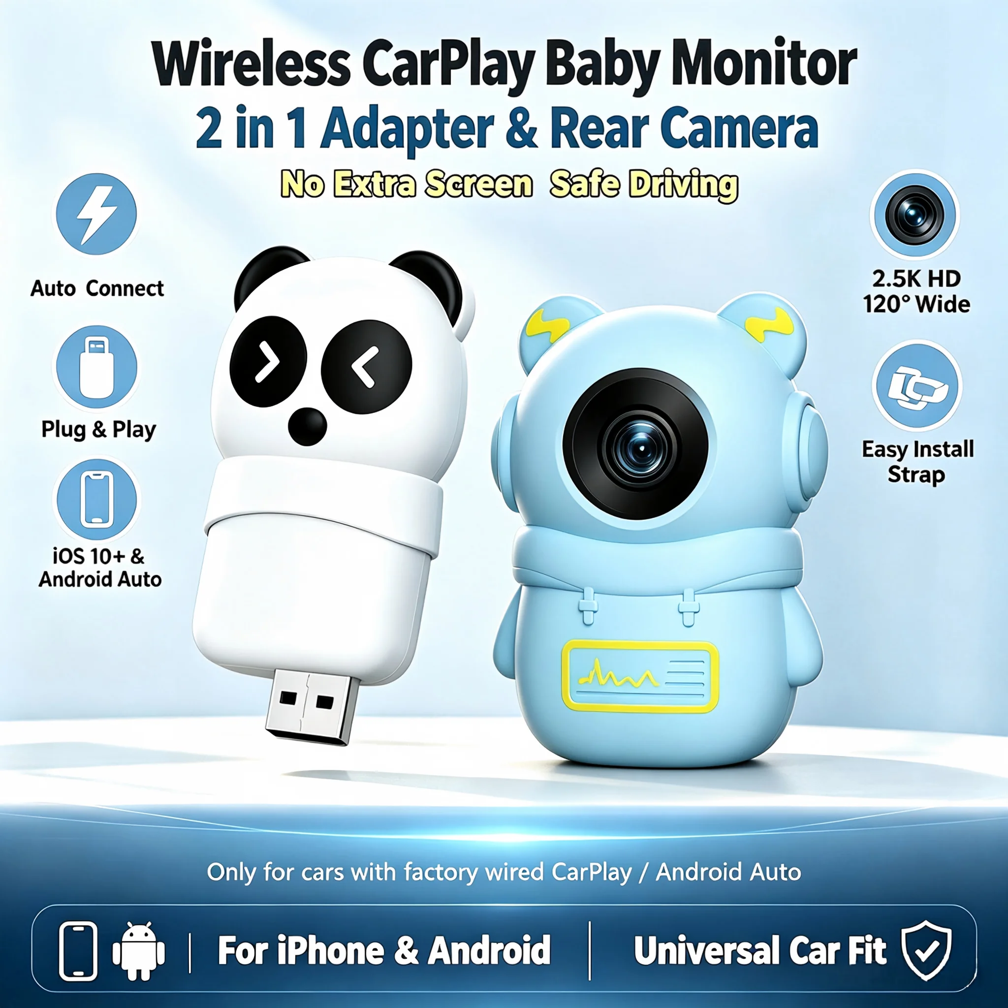 Wireless CarPlay Box with HD 1080P Camera, Monitor Baby While Driving, Safe Travel, Ideal for One Person with Kids, OEM Screen