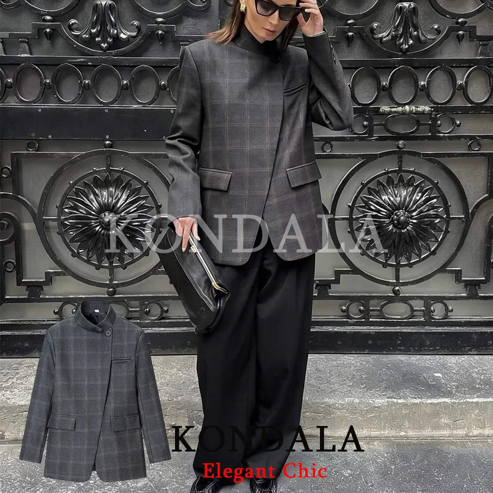 

KONDALA Women Streetwear Trendy Plaid Blazer Single Button Pockets Jacket New Fashion 2026 Spring Commute Lady Blazer Jacket