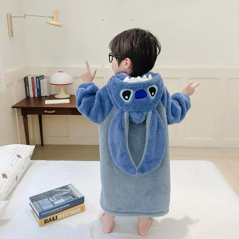 Stitch Kids Flannel Bathrobe Baby Girl Boy Cartoon Hooded Pajamas Children Soft Bath Robe Nightgown Kid Cartoon Thicken Homewear