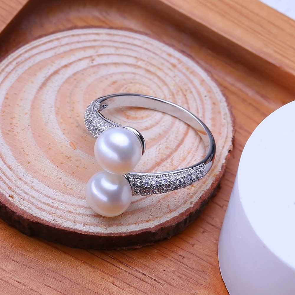FENASY Natural Freshwater Double Pearl Rings For Women 925 Sterling Silver Party Jewelry Adjustable Wedding Engagement Ring