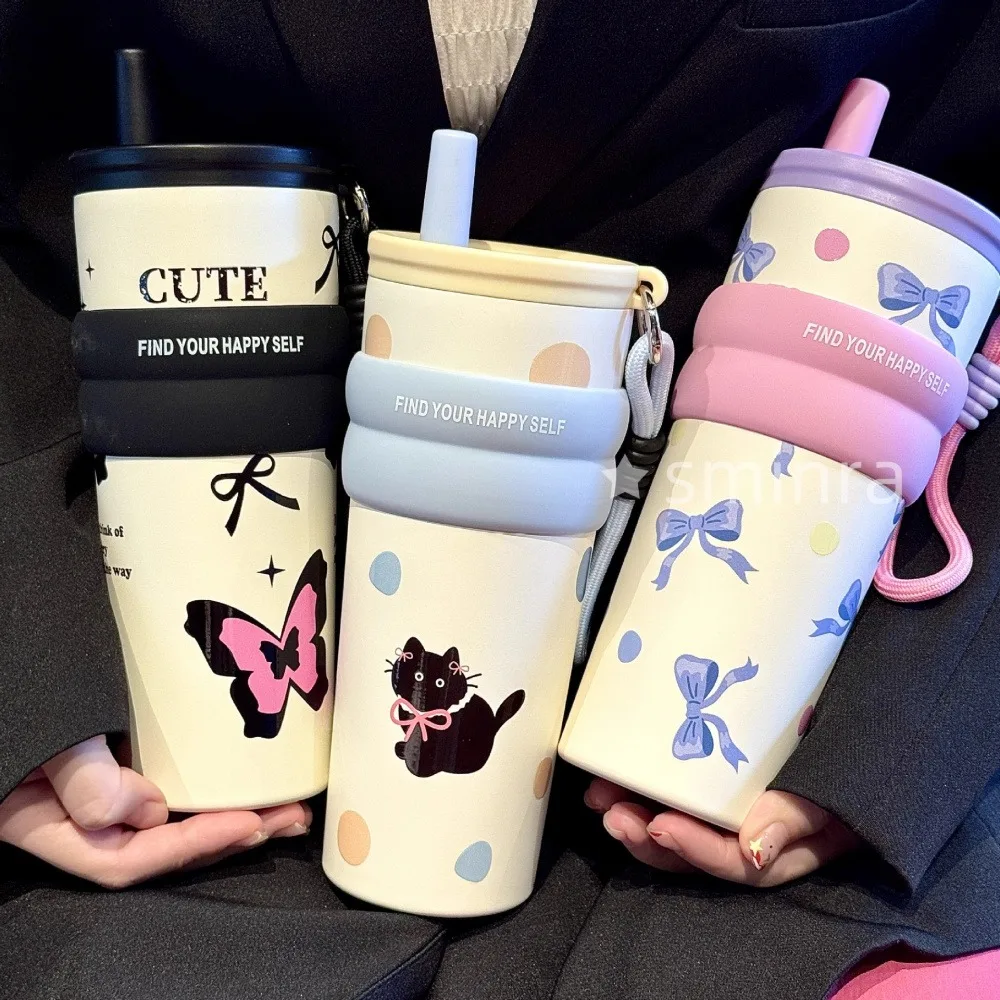

Cute Cat Bow Thermal Water Bottle With Straw Infuser 710ml Stainless Steel Thermos Ceramic Lining Tea Coffee Tumbler For Woman