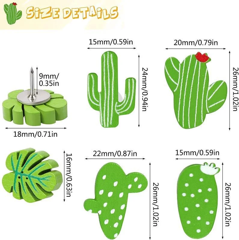 20 Pcs Wooden Plants Cactus Push Pins with Box Decorative Leaf Thumb Tacks for Bulletin Board Photos Wall Office Classroom Decor
