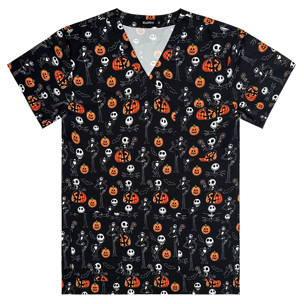 Ropa quirúrgica médica con estampado de dibujos animados para Halloween, Tops exfoliantes, camisa de enfermería, uniforme médico para clínica Dental y veterinaria