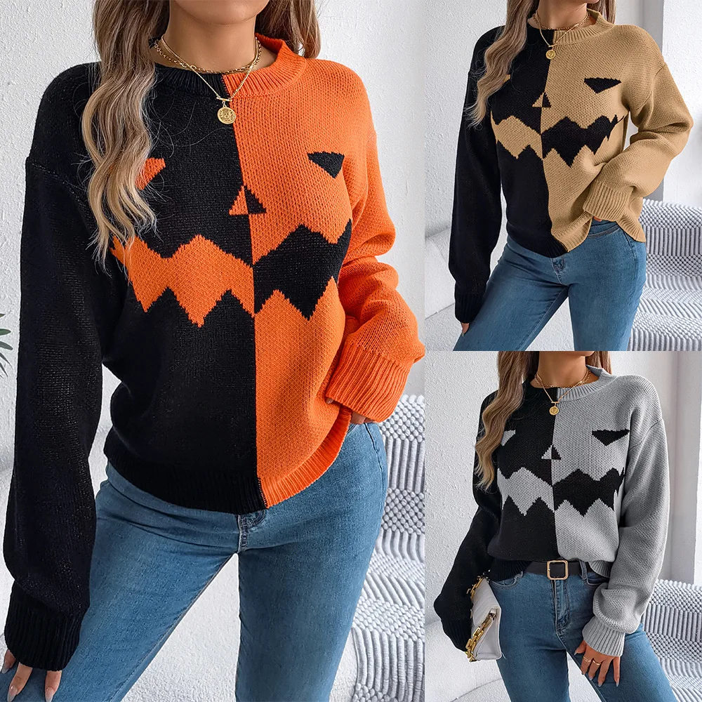 Women Autumn/Winter Halloween Ghost Pumpkin Contrast Knitted Long Sleeve Hoodie Sweater Black Orange Fall Tops Pullover Sweaters