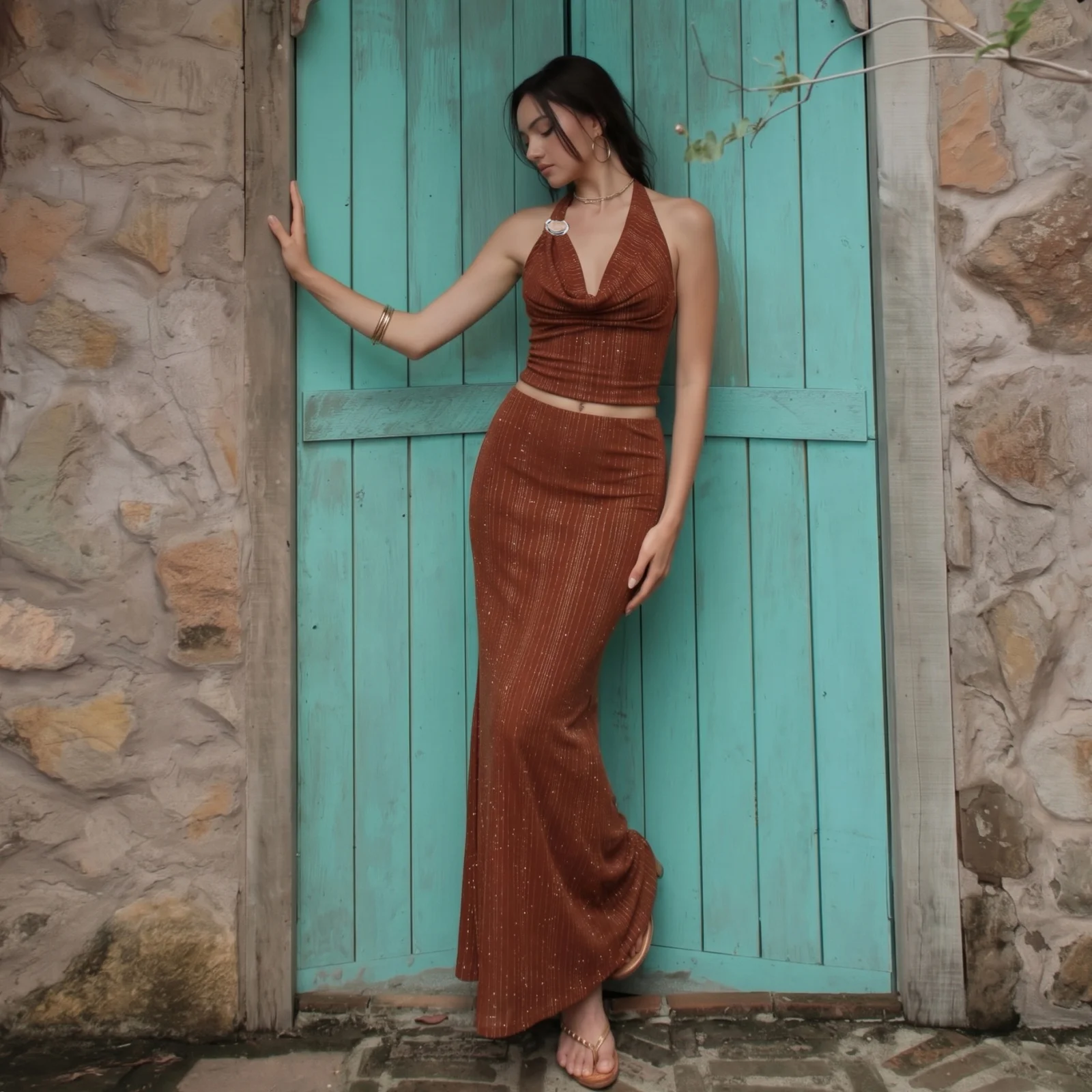 Retro American Glitter Metal Decoration Halter Low Chest Sexy  Vest Wrap around Skirt Set Women Autumn Fashion Ensemble