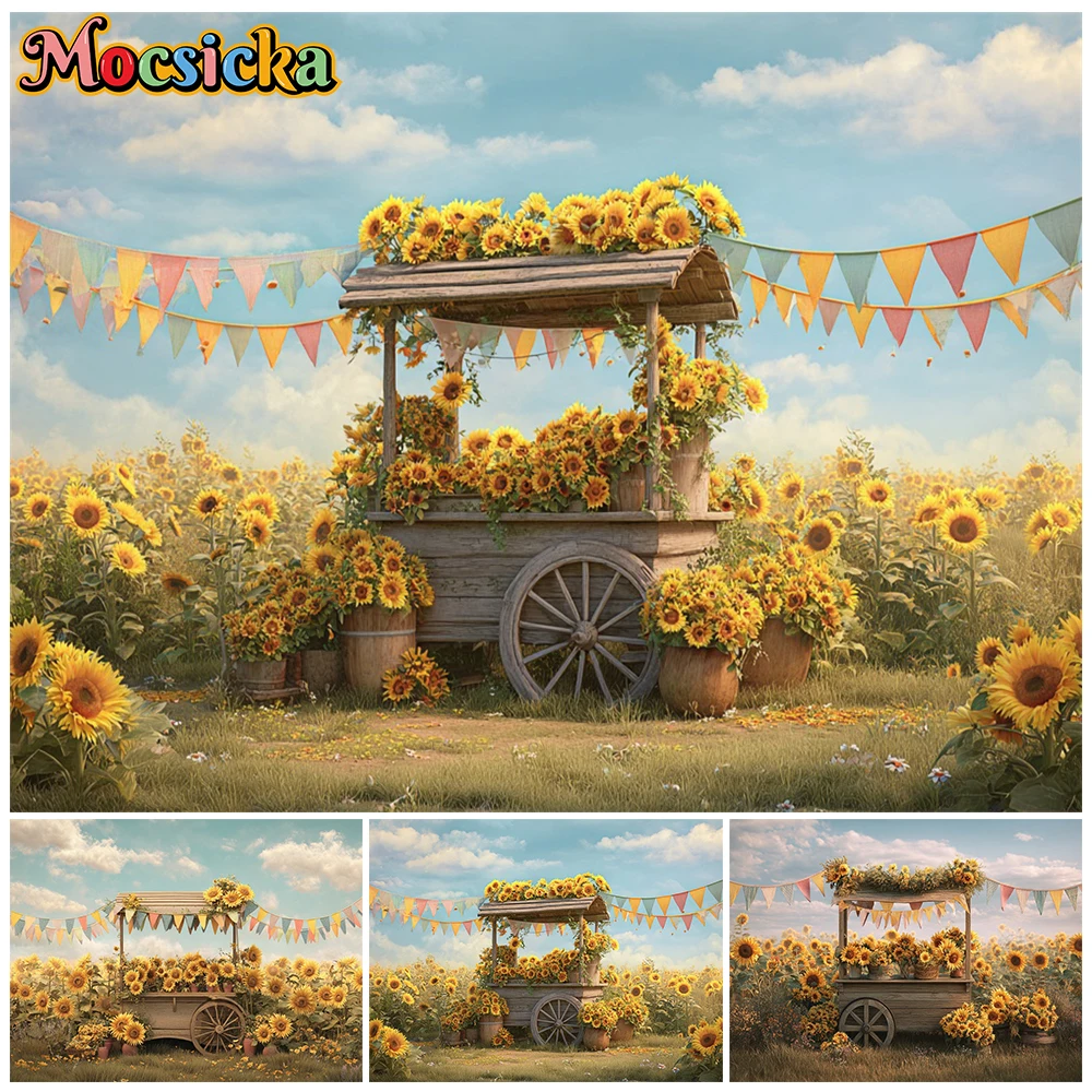 Mocsicka Farm Sunflower Flower Cart Photo Backdrop Sunflower Field Decors Kids Birthday Party Baby Shower Photography Background