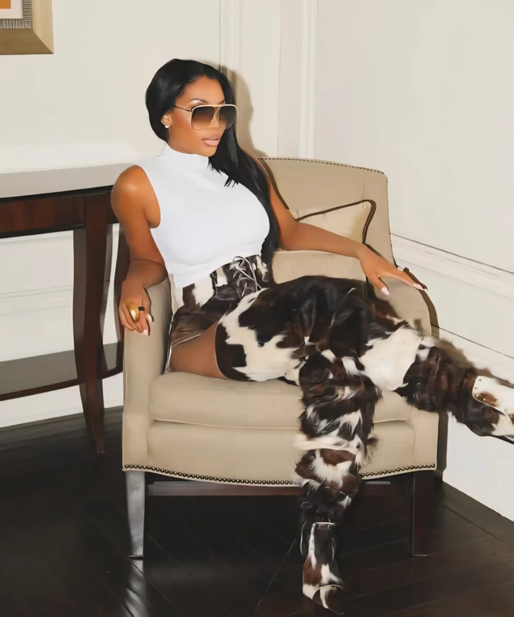 

Fashion Cow-Print Faux Fur Over-the-Knee Boots Slim Stiletto Heel Pointed Toe Rivet Decoration Edgy Western Street Style Looks